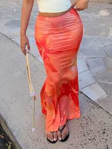 Maria Perezxox Women's New Elegant Floral Print Ruched Mermaid Hem Bodycon Skirt, Suitable For Spring, Summer, Beach Resort Vacation - Orange - View 6