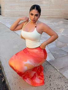 Maria Perezxox Women's New Elegant Floral Print Ruched Mermaid Hem Bodycon Skirt, Suitable For Spring, Summer, Beach Resort Vacation - Orange - View 1