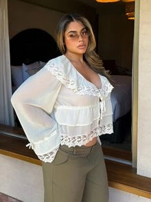 Maria Perezxox Bohemian Ruffled Collar Waist Lace Patchwork Women Blouse,Summer Top - Apricot - View 3