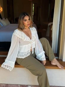 Maria Perezxox Bohemian Ruffled Collar Waist Lace Patchwork Women Blouse,Summer Top - Apricot - View 1
