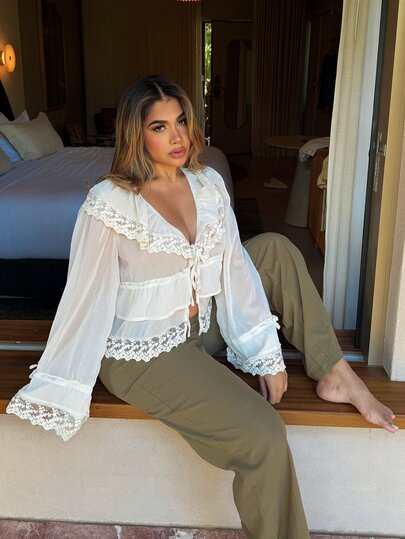 Maria Perezxox 波西米亚风荷叶边领口腰部蕾丝拼接女式衬衫