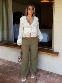 Maria Perezxox Bohemian Ruffled Collar Waist Lace Patchwork Women Blouse,Summer Top - Apricot - View 5