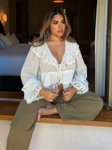 Maria Perezxox Bohemian Ruffled Collar Waist Lace Patchwork Women Blouse,Summer Top - Apricot - View 4