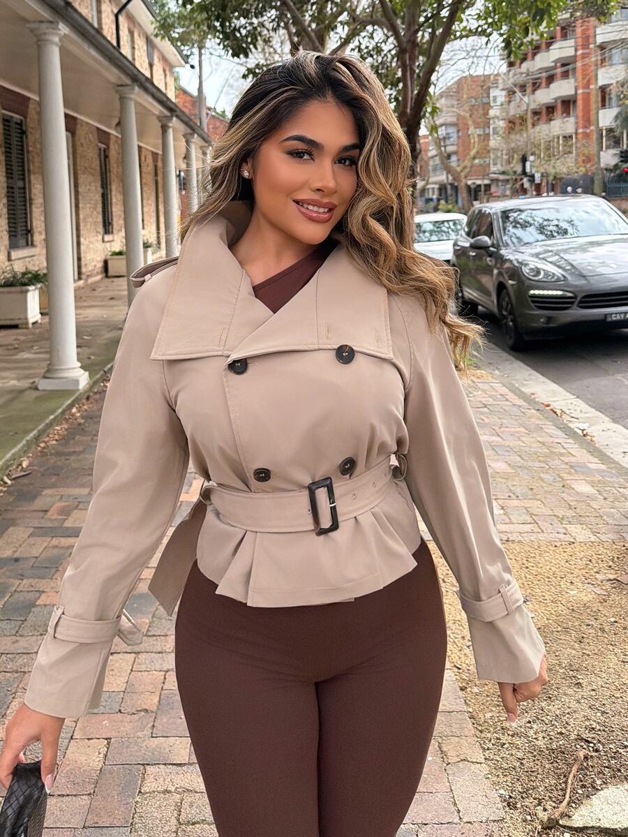 Maria Perezxox Vintage Nomadic High Collar Cinched Waist Button Up Women Trench Coat Belted Outerwear Jackets In Fall/Winter,Cozy Fall And Winter Clothes For - Apricot - View 1