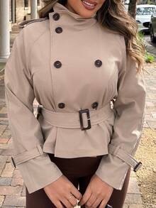 Maria Perezxox Vintage Nomadic High Collar Cinched Waist Button Up Women Trench Coat Belted Outerwear Jackets In Fall/Winter,Cozy Fall And Winter Clothes For - Apricot - View 5