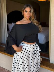 Maria Perezxox 女式黑色不对称领蝙蝠翼褶皱腰上衣，优雅复古简约设计，适合工作、约会、休闲穿着 - 黑色 - 查看 4