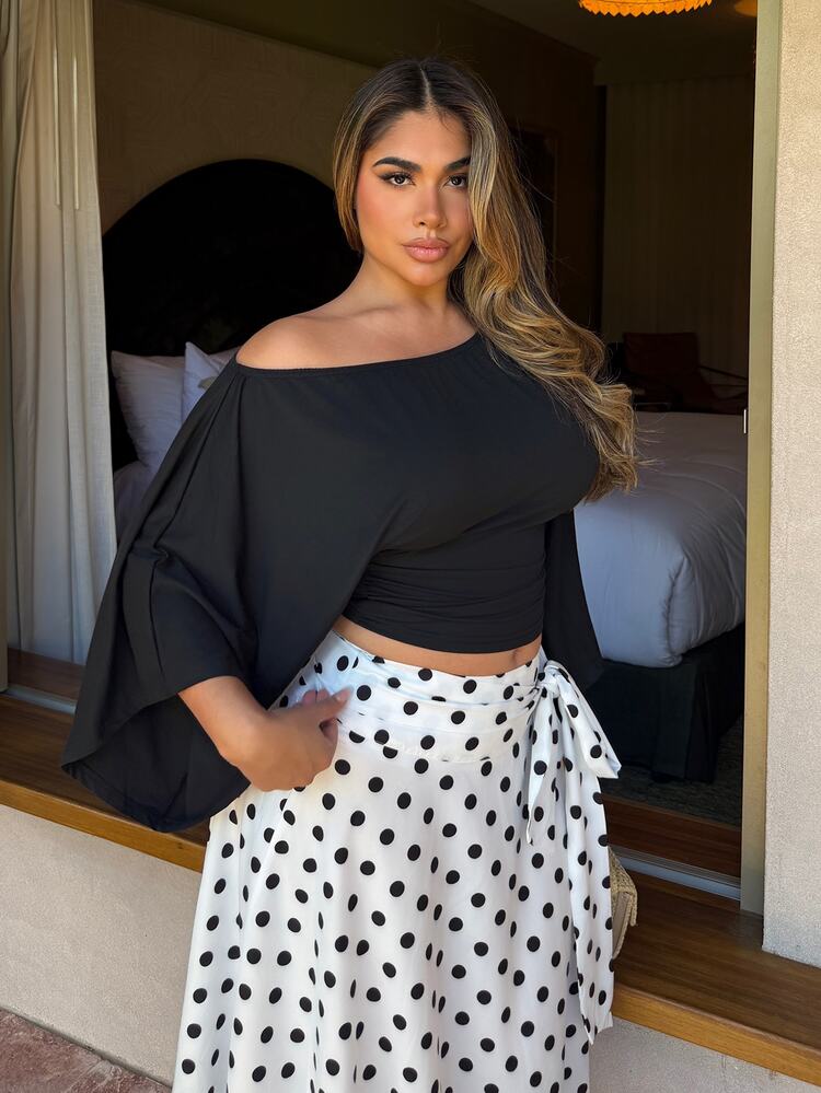 Maria Perezxox 女式黑色不对称领蝙蝠翼褶皱腰上衣，优雅复古简约设计，适合工作、约会、休闲穿着 - 黑色 - 查看 4