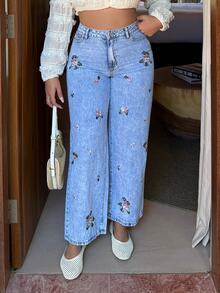Maria Perezxox Floral Embroidery Casual Women Jeans Vacation - Blue - View 5