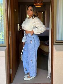 Maria Perezxox Floral Embroidery Casual Women Jeans Vacation - Blue - View 3