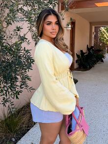 Maria Perezxox Women's Casual Solid Color Tie Flare Sleeve Top Fall Cloth For Women - Yellow - View 4