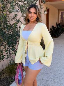Maria Perezxox Women's Casual Solid Color Tie Flare Sleeve Top Fall Cloth For Women - Yellow - View 3
