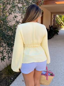 Maria Perezxox Women's Casual Solid Color Tie Flare Sleeve Top Fall Cloth For Women - Yellow - View 2