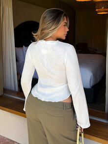 Maria Perezxox Lettuce Trim Trumpet Sleeve Asymmetrical Hem Tee Casual - White - View 2