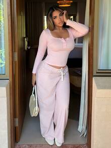 Maria Perezxox Women's Drawstring Waist Pockets Striped Casual Versatile Straight Leg Pants For Daily Wear Pink - Pink - View 5