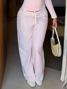 Maria Perezxox Women's Drawstring Waist Pockets Striped Casual Versatile Straight Leg Pants For Daily Wear Pink - Pink - View 3