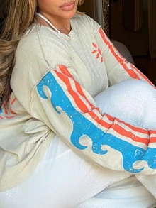 Maria Perezxox BOHO Beach Vacation Casual Loose Knit Round Neck Long Sleeve T-Shirt With Waves Print For Women - Apricot - View 5