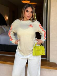 Maria Perezxox BOHO Beach Vacation Casual Loose Knit Round Neck Long Sleeve T-Shirt With Waves Print For Women - Apricot - View 1