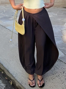 Maria Perezxox 2026春夏新款音樂節、復活節、聖派翠克節、情人節、約會、西部風、遊牧風、生日派對、畢業、大學、學生、日常穿搭、百搭百搭、休閒、度假、郵輪、海灘、曬日光浴、熱門、街頭風、婚禮賓客、通勤、早午餐、機場、派對、假日出遊、辦公室穿搭 側邊交叉寬腿喇叭褲，寬鬆棕色亞麻長褲 - 棕色 - 查看 4