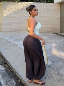 Maria Perezxox 2026春夏新款音樂節、復活節、聖派翠克節、情人節、約會、西部風、遊牧風、生日派對、畢業、大學、學生、日常穿搭、百搭百搭、休閒、度假、郵輪、海灘、曬日光浴、熱門、街頭風、婚禮賓客、通勤、早午餐、機場、派對、假日出遊、辦公室穿搭 側邊交叉寬腿喇叭褲，寬鬆棕色亞麻長褲 - 棕色 - 查看 6
