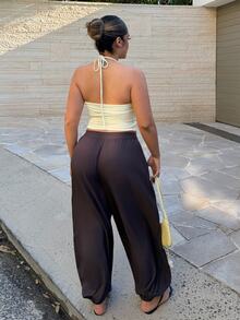 Maria Perezxox 2026春夏新款音樂節、復活節、聖派翠克節、情人節、約會、西部風、遊牧風、生日派對、畢業、大學、學生、日常穿搭、百搭百搭、休閒、度假、郵輪、海灘、曬日光浴、熱門、街頭風、婚禮賓客、通勤、早午餐、機場、派對、假日出遊、辦公室穿搭 側邊交叉寬腿喇叭褲，寬鬆棕色亞麻長褲 - 棕色 - 查看 3