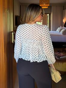 Maria Perezxox 女款白色黑波點娃娃上衣，法式荷葉邊上衣，適合夏季茶會度假 - 黑與白 - 查看 2