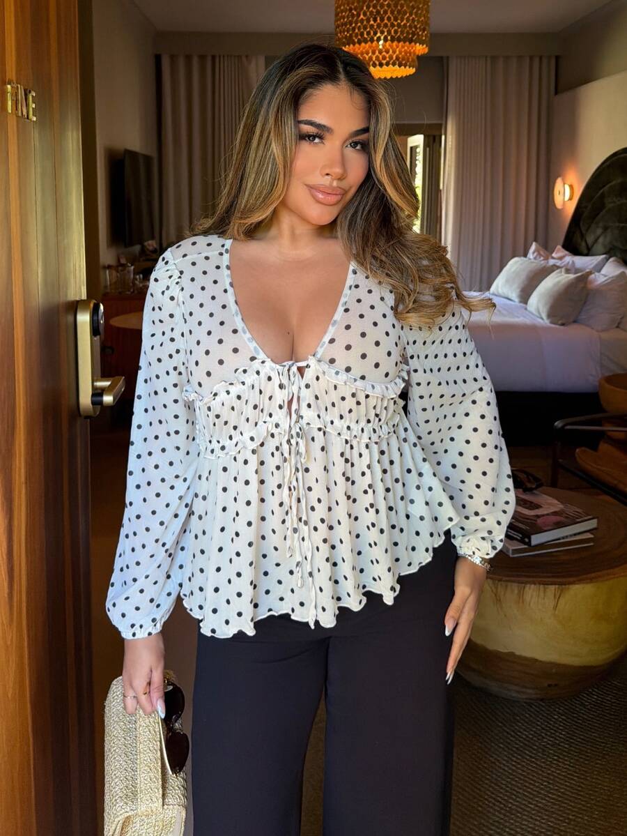 Maria Perezxox 女款白色黑波點娃娃上衣，法式荷葉邊上衣，適合夏季茶會度假 - 黑與白 - 查看 1