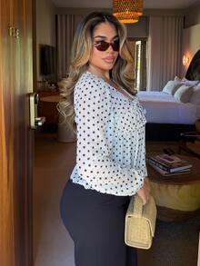 Maria Perezxox 女款白色黑波點娃娃上衣，法式荷葉邊上衣，適合夏季茶會度假 - 黑與白 - 查看 5