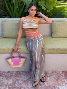 Maria Perezxox Women's Striped Round Neck Sleeveless Fitted Knit Dress Pink - Pink - View 1