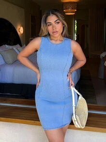 Maria Perezxox Women's Round Neck Sleeveless Denim Dress With Back Zipper Casual - Light Wash - View 5