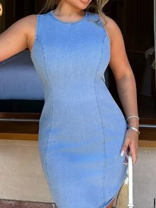 Maria Perezxox Women's Round Neck Sleeveless Denim Dress With Back Zipper Casual - Light Wash - View 3