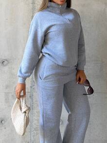 Maria Perezxox Oversized Half-Zip Stand Collar Drop Shoulder Long Sleeve Hoodie + Casual Straight Leg Pants Elegant - Grey - View 4