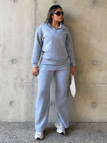 Maria Perezxox Oversized Half-Zip Stand Collar Drop Shoulder Long Sleeve Hoodie + Casual Straight Leg Pants Elegant - Grey - View 5