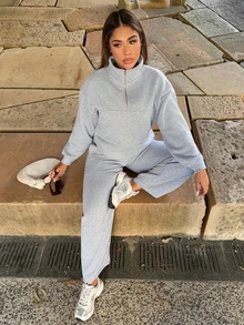 Maria Perezxox Oversized Half-Zip Stand Collar Drop Shoulder Long Sleeve Hoodie + Casual Straight Leg Pants Elegant - Grey - View 1