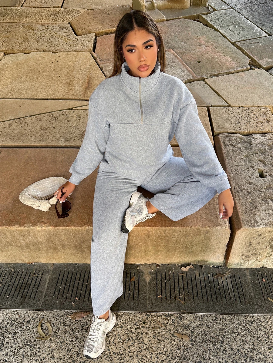 Maria Perezxox Oversized Half-Zip Stand Collar Drop Shoulder Long Sleeve Hoodie + Casual Straight Leg Pants Elegant - Grey - View 1