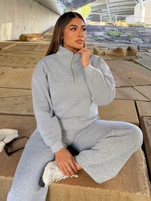 Maria Perezxox Oversized Half-Zip Stand Collar Drop Shoulder Long Sleeve Hoodie + Casual Straight Leg Pants Elegant - Grey - View 3