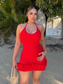 Maria Perezxox Vestido mini rojo de punto con volantes, espalda descubierta y escote halter para vacaciones - Rojo - Ver 4