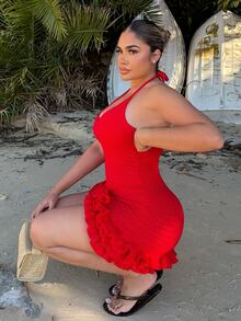 Maria Perezxox Vestido mini rojo de punto con volantes, espalda descubierta y escote halter para vacaciones - Rojo - Ver 5