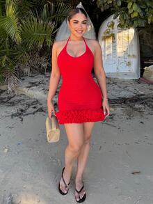 Maria Perezxox Vestido mini rojo de punto con volantes, espalda descubierta y escote halter para vacaciones - Rojo - Ver 1