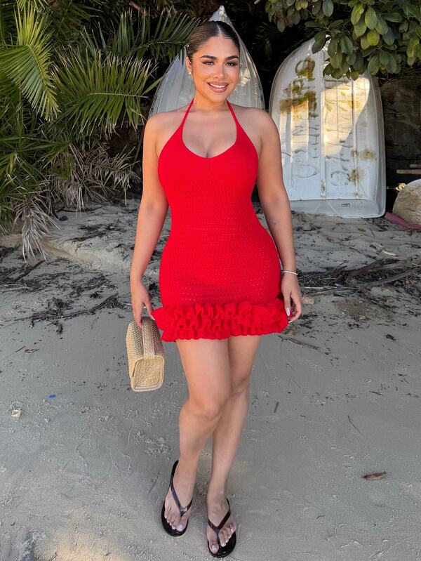 Maria Perezxox 度假挂脖荷叶边露背针织红色迷你连衣裙