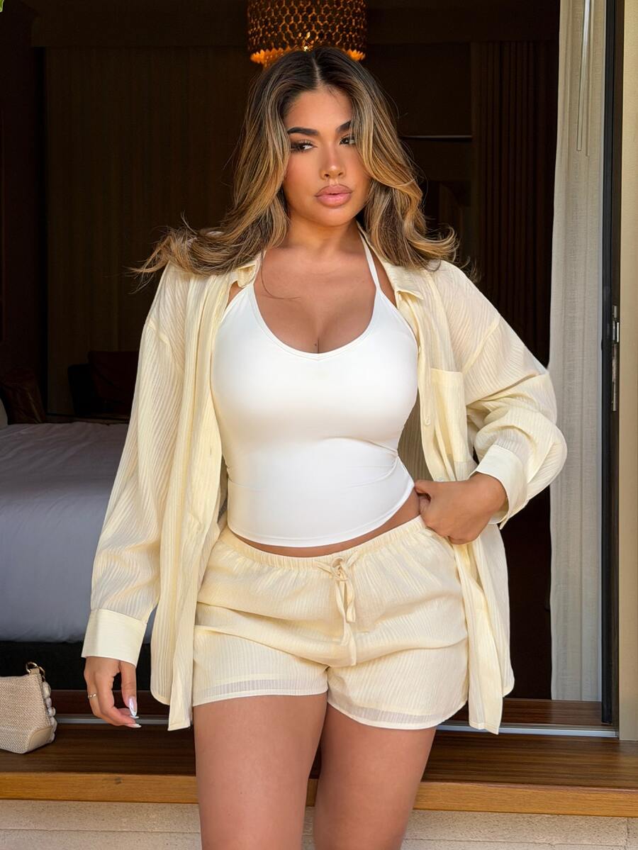 Maria Perezxox Women's Spring/Summer Casual Linen Blend Loose Fit Button-Up Shirt And Low-Waist Shorts 2-Piece Set Elegant - Pale Yellow - View 1