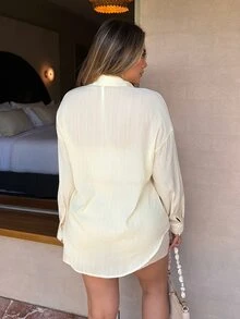 Maria Perezxox Women's Spring/Summer Casual Linen Blend Loose Fit Button-Up Shirt And Low-Waist Shorts 2-Piece Set Elegant - Pale Yellow - View 2