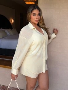Maria Perezxox Women's Spring/Summer Casual Linen Blend Loose Fit Button-Up Shirt And Low-Waist Shorts 2-Piece Set Elegant - Pale Yellow - View 5