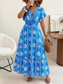 Ceyna 大尺碼女款夏季新款波希米亞風印花度假休閒洋裝，海洋海星貝殼印花飛袖收腰沙灘度假洋裝，深V領長洋裝，修身上身與大裙擺設計 - 藍色 - 查看 4