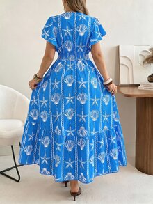 Ceyna 大尺碼女款夏季新款波希米亞風印花度假休閒洋裝，海洋海星貝殼印花飛袖收腰沙灘度假洋裝，深V領長洋裝，修身上身與大裙擺設計 - 藍色 - 查看 2