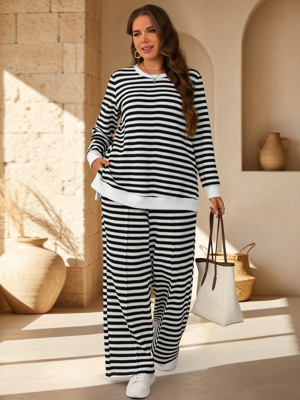 Women's Plus Size Striped Top And Pants Set Autumn Outfits Black And White Pullover Casual Soft Form Suit Sporty Vacation Formal