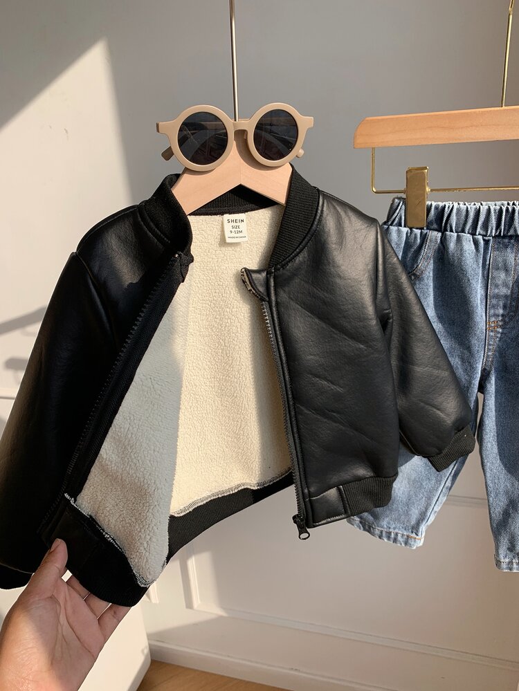 SHEIN Unisex Baby Boy/Girl, Toddler Autumn/Winter Thermal Lined Thickened Round Neck Jacket, Pilot Jacket, Baby Winter Coat, Thermal, Thickened - Black - View 7