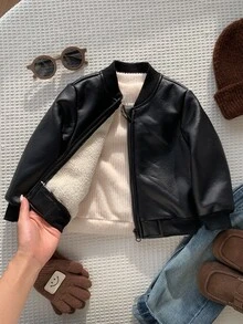 SHEIN 中性嬰兒男/女童、幼兒秋冬保暖內裡加厚圓領夾克、飛行夾克、嬰兒冬季外套、保暖、加厚 - 黑色 - 查看 3