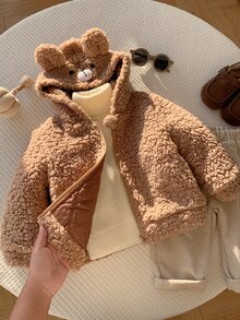 SHEIN 男女嬰兒/幼兒秋冬保暖內裡加厚可愛熊咪填充外套，嬰兒填充外套，冬季外套，保暖，加厚 - 駝色 - 查看 7