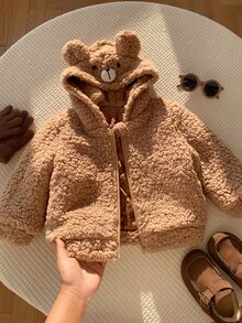 SHEIN 男女嬰兒/幼兒秋冬保暖內裡加厚可愛熊咪填充外套，嬰兒填充外套，冬季外套，保暖，加厚 - 駝色 - 查看 8