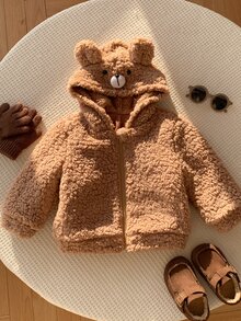 SHEIN 男女嬰兒/幼兒秋冬保暖內裡加厚可愛熊咪填充外套，嬰兒填充外套，冬季外套，保暖，加厚 - 駝色 - 查看 6